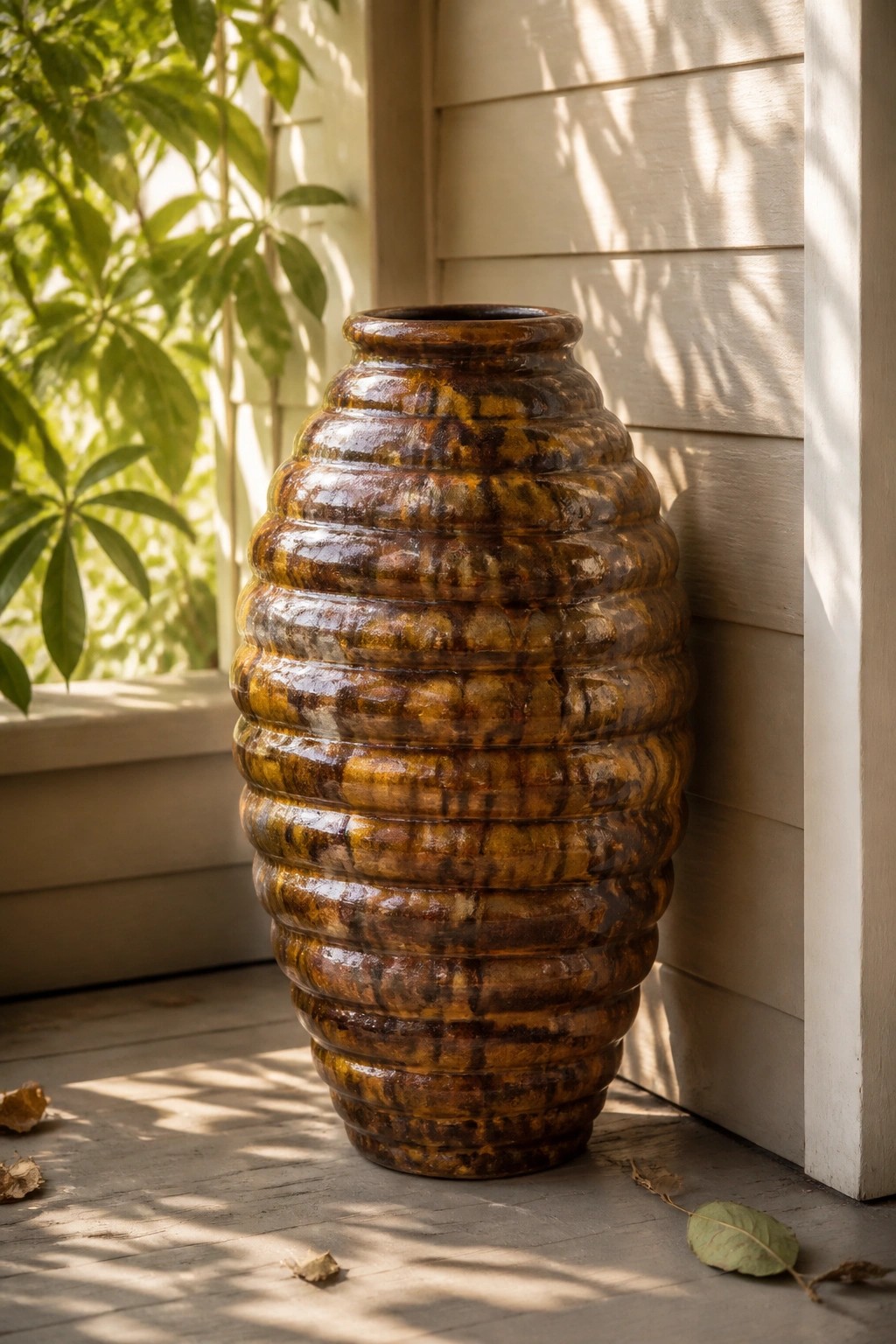 Large brown ribbed ceramic vase on wooden deck against beige house siding.