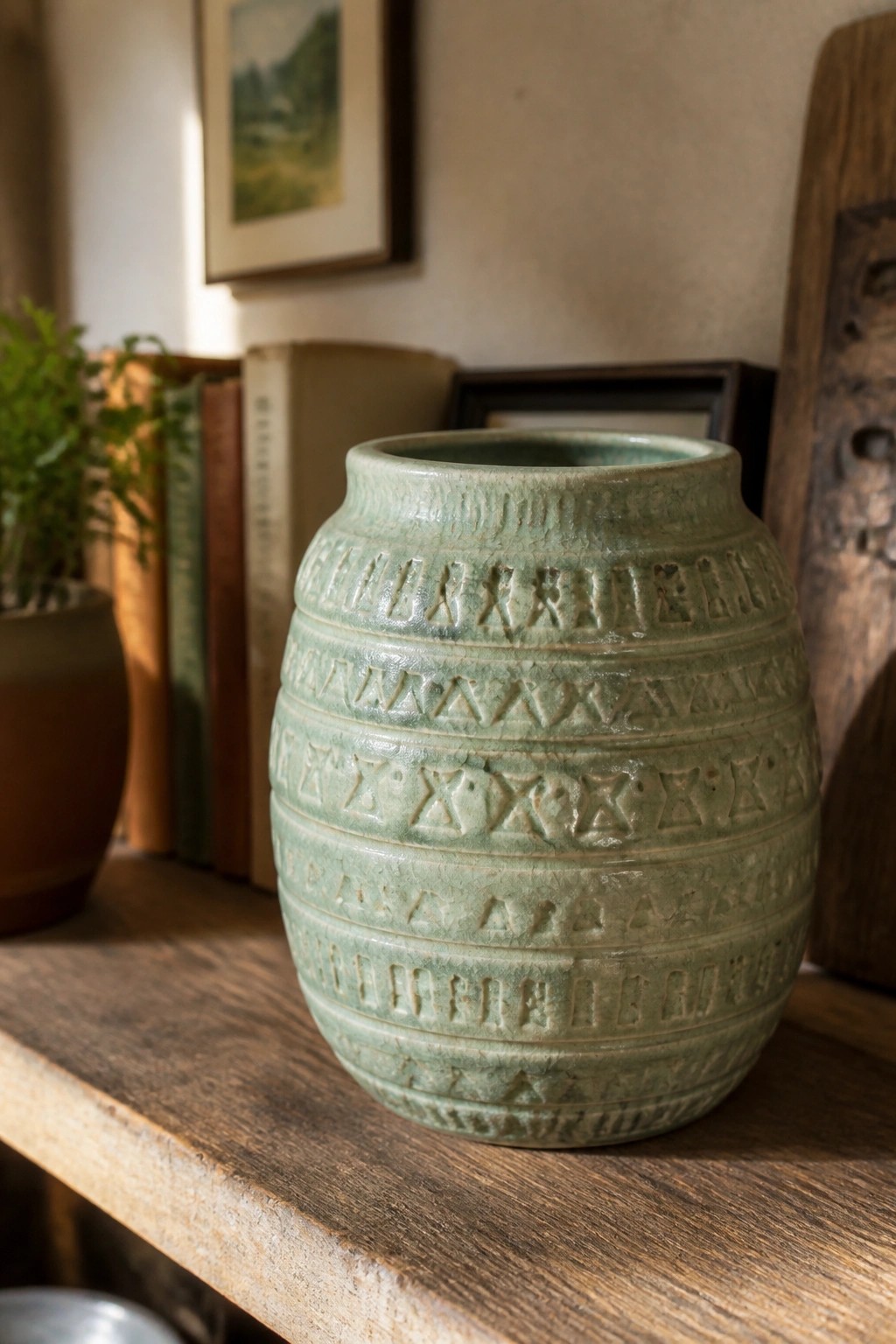 Light green ceramic vase with carved geometric patterns on wooden shelf