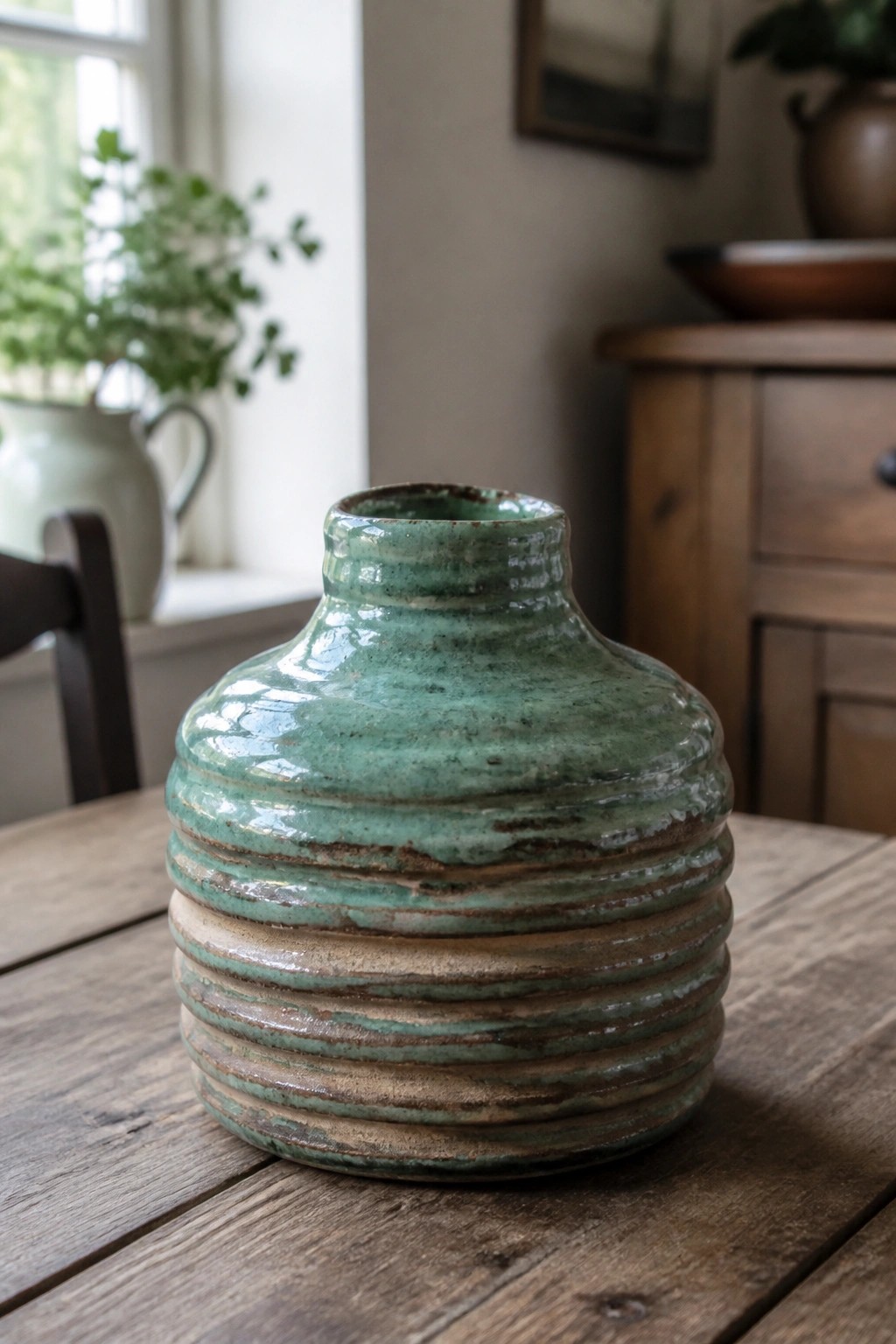 Green ribbed ceramic vase with turquoise glaze on wooden table