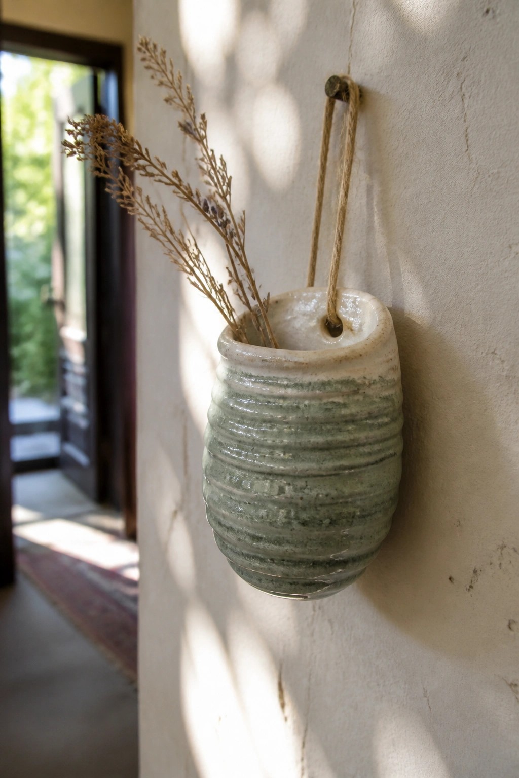 Hanging ribbed green ceramic vase with dried branches on sunlit wall.