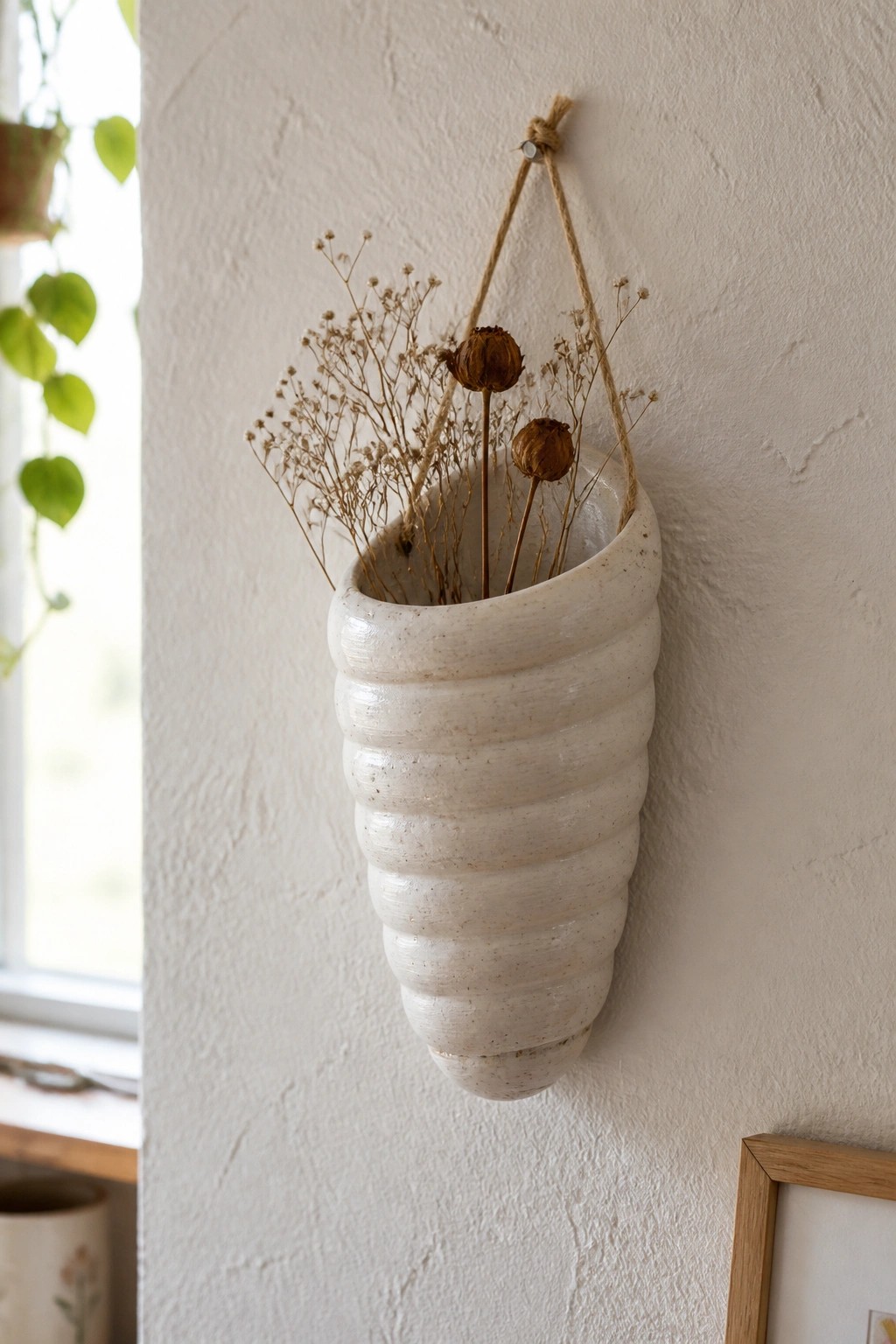 White ridged ceramic hanging vase with dried flowers on textured wall