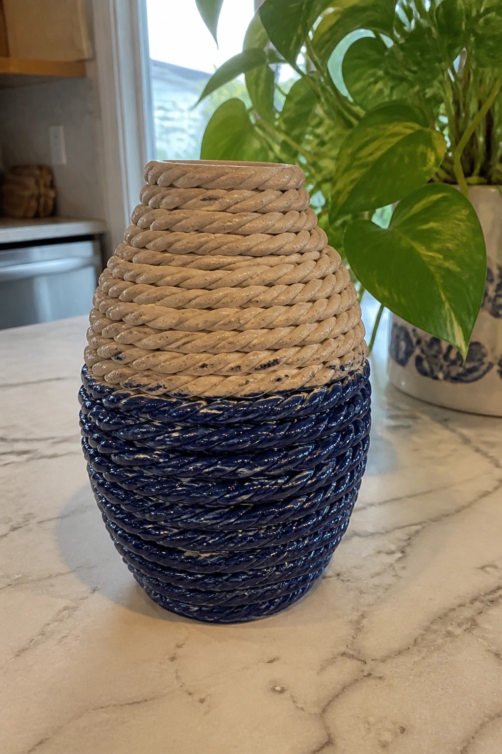 Beige and navy blue rope-textured vase on marble countertop with plant nearby.