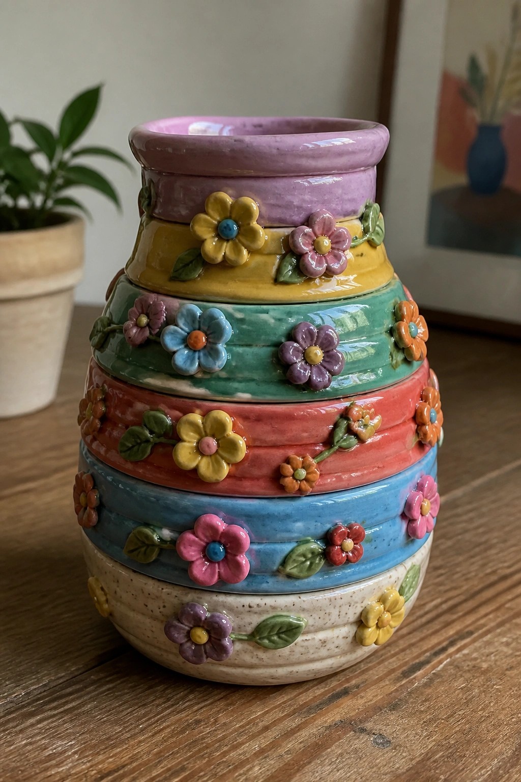 Colorful ceramic vase with layered bands of purple, yellow, teal, red, blue and flowers.