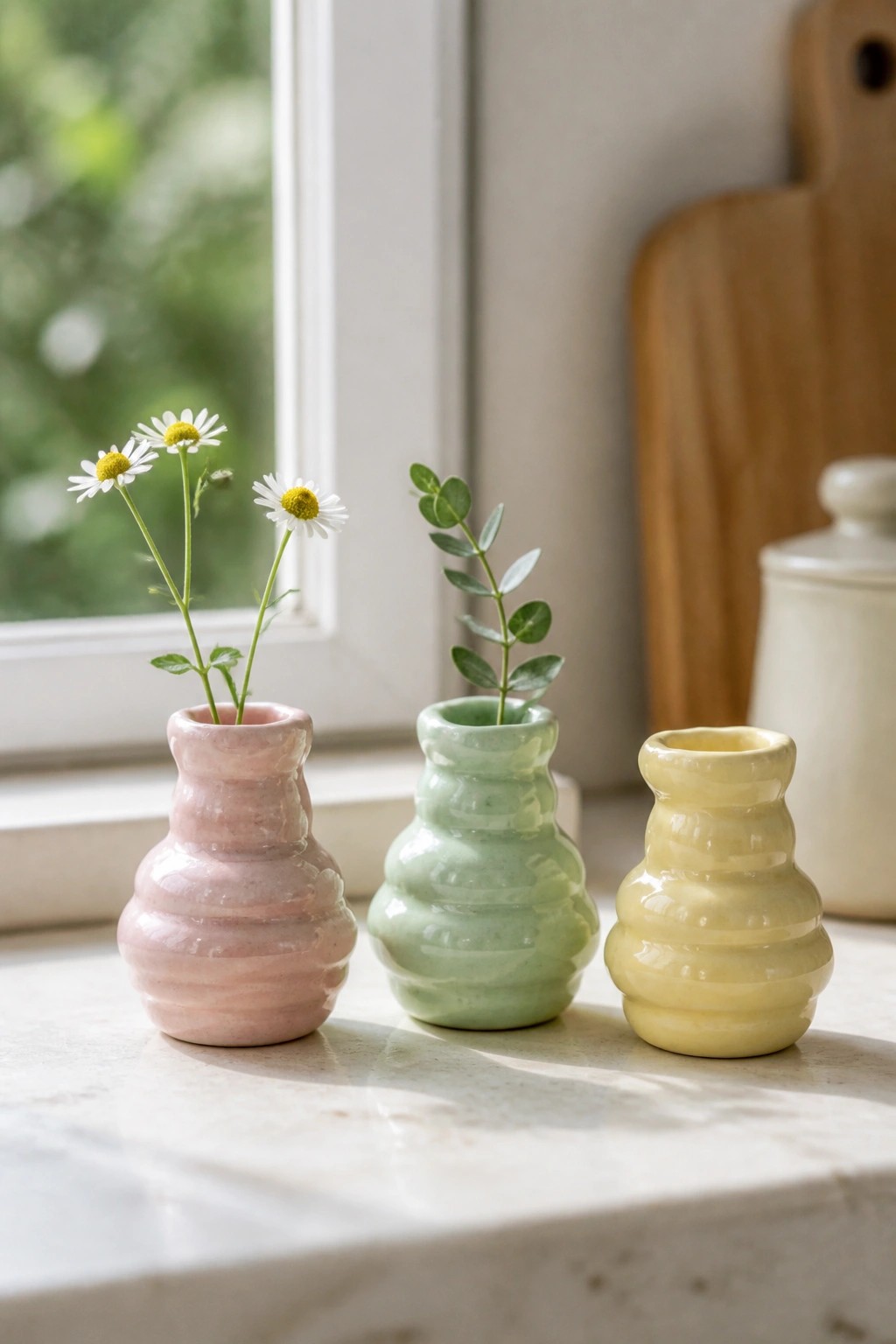Three pastel pink, green, and yellow ceramic vases with flowers on a windowsill
