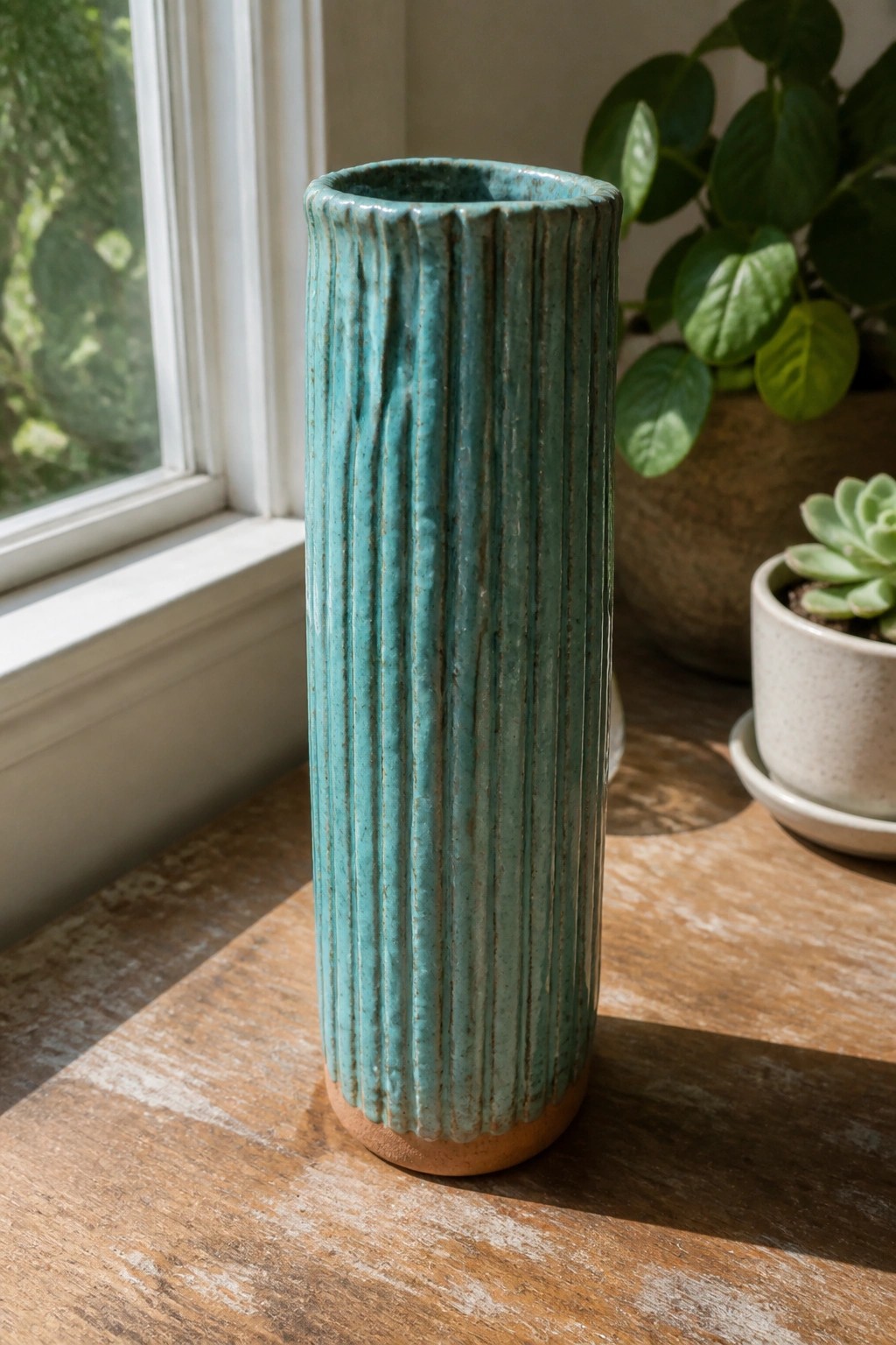 Tall teal ribbed ceramic vase on wooden windowsill with potted plants