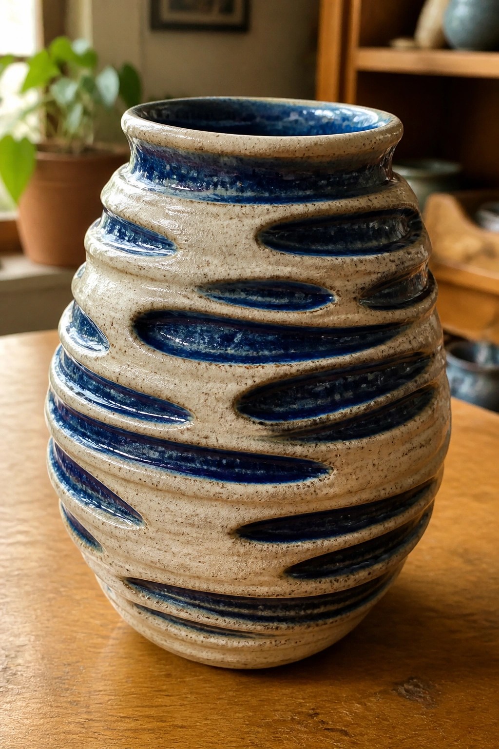 Beige speckled ceramic vase with blue wavy stripes and ovals on wood table.