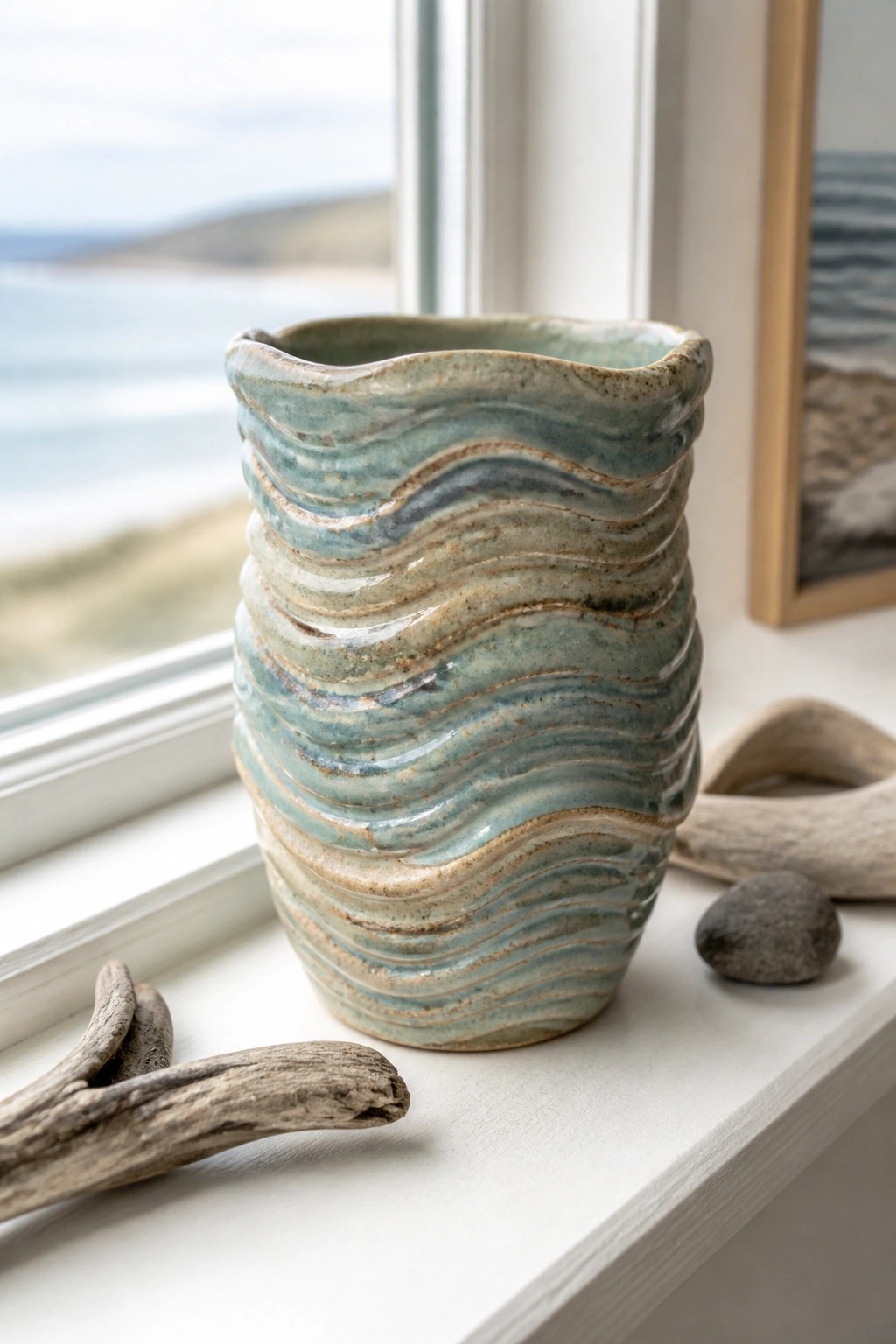 Wavy blue-green glazed ceramic vase on white windowsill with driftwood and sea view