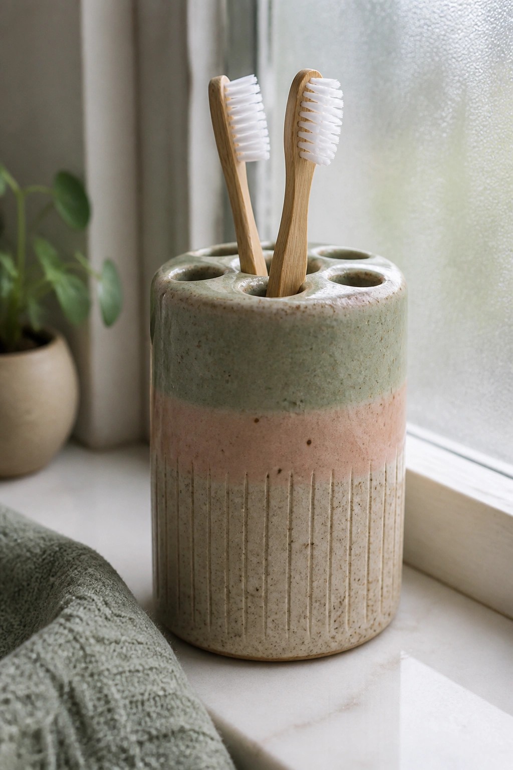 Two bamboo toothbrushes in a speckled green-pink ceramic holder on a windowsill