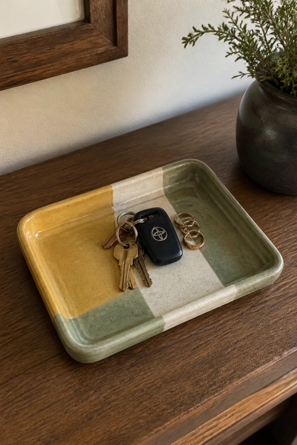 Multicolored ceramic tray holding Toyota key fob, keys, and gold rings on wood
