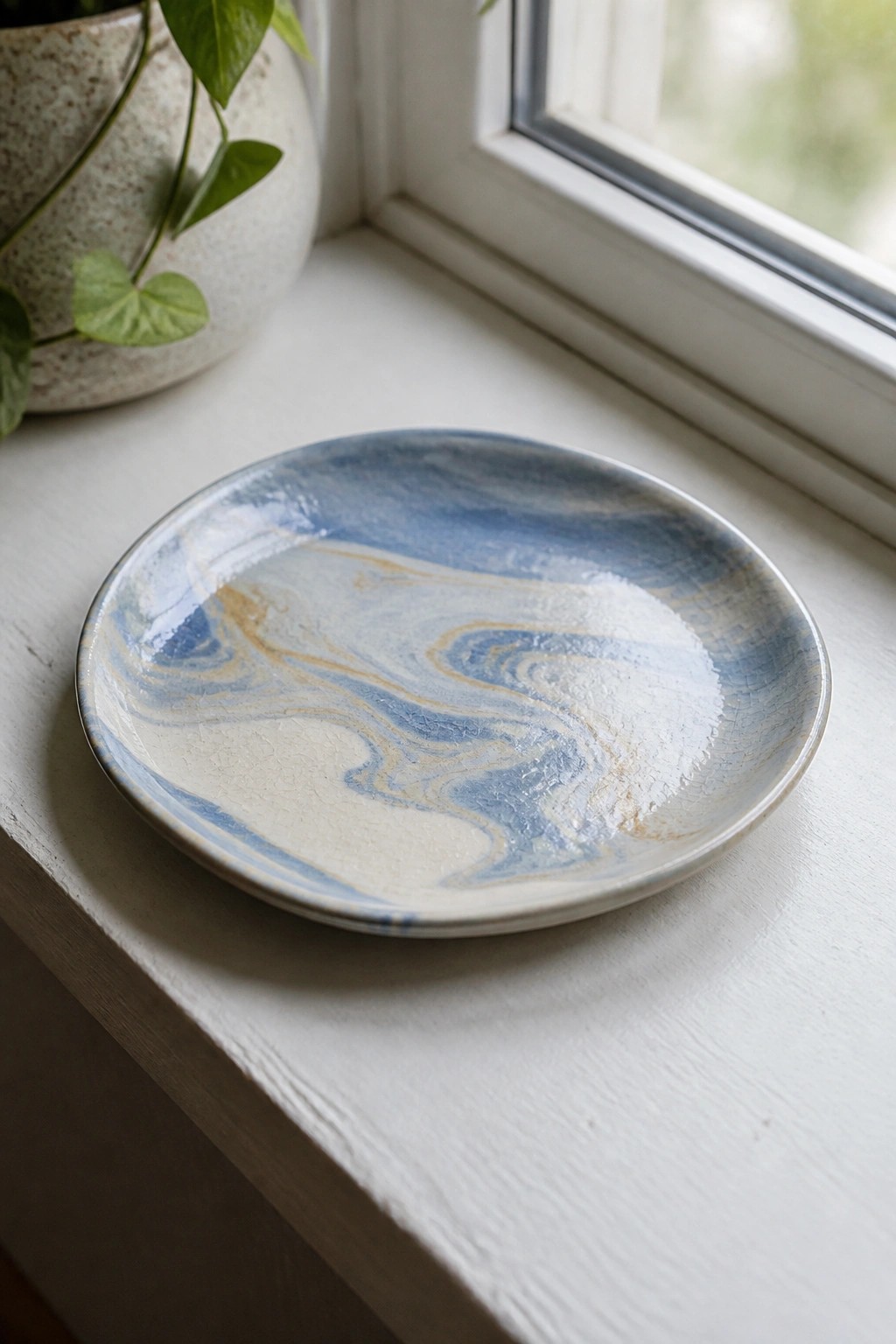 Marbled blue and beige ceramic plate on white windowsill beside potted plant.