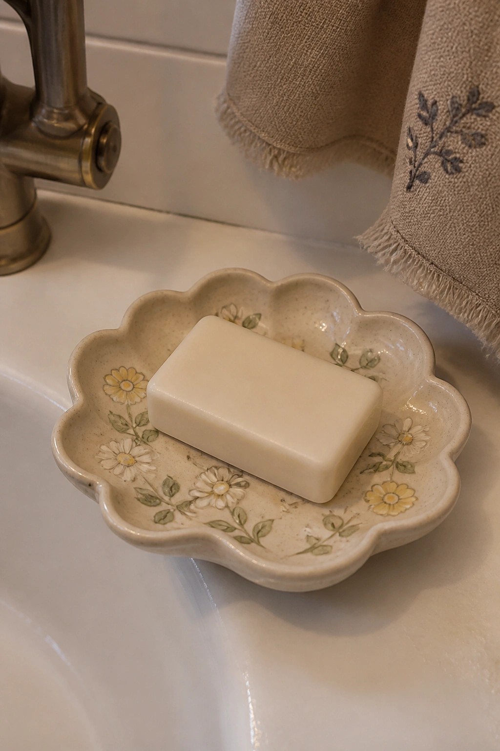 White soap bar on scalloped floral ceramic dish atop white sink