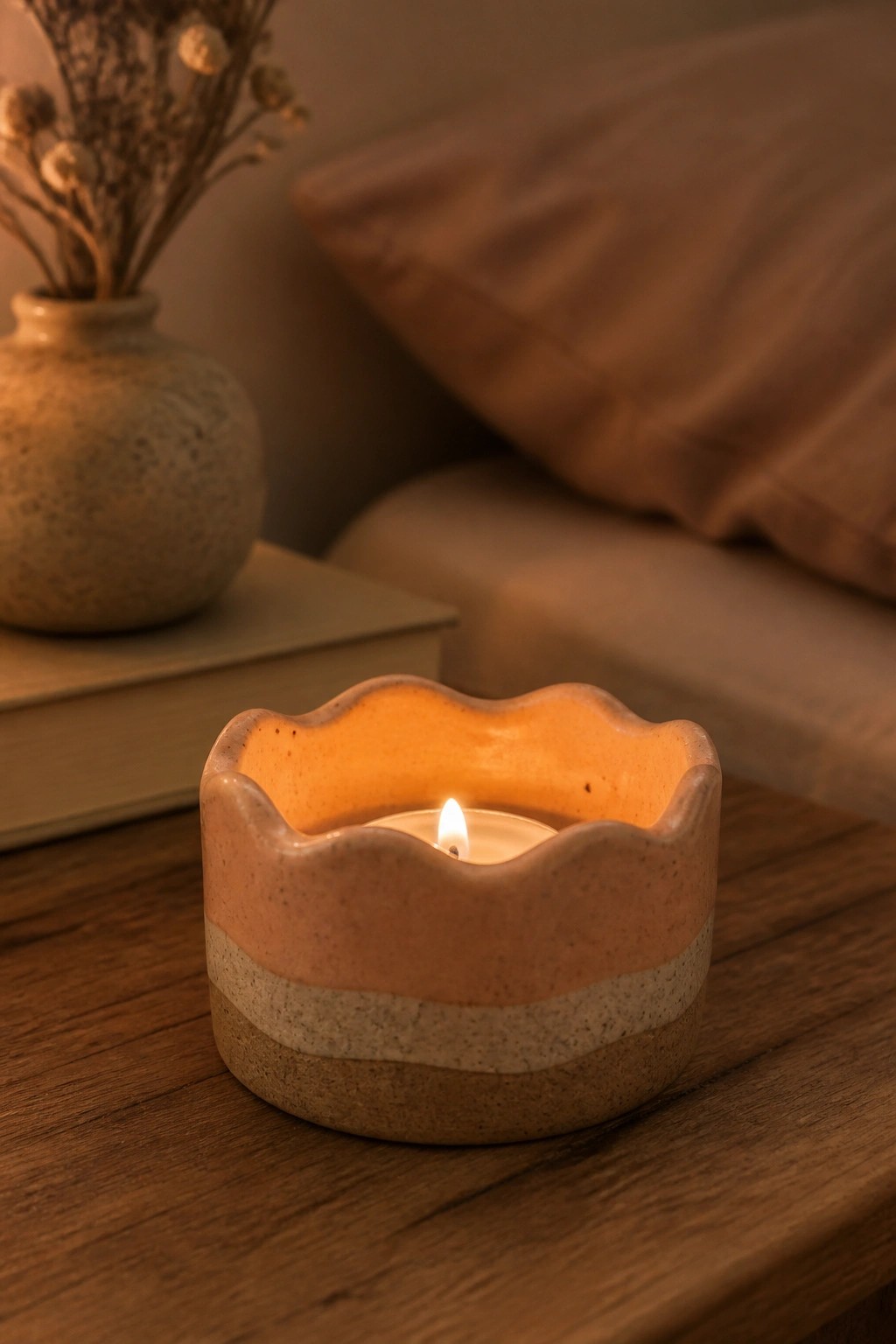 Lit candle in scalloped orange-beige ceramic holder on wooden table with dried flowers nearby.