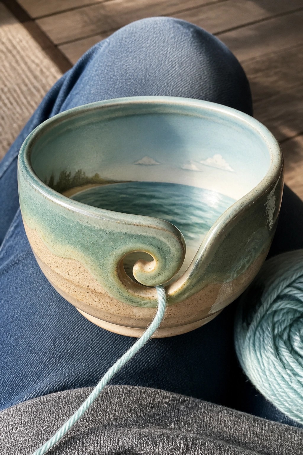 Ceramic yarn bowl with ocean scene rests on blue jeans, light blue yarn through spiral.