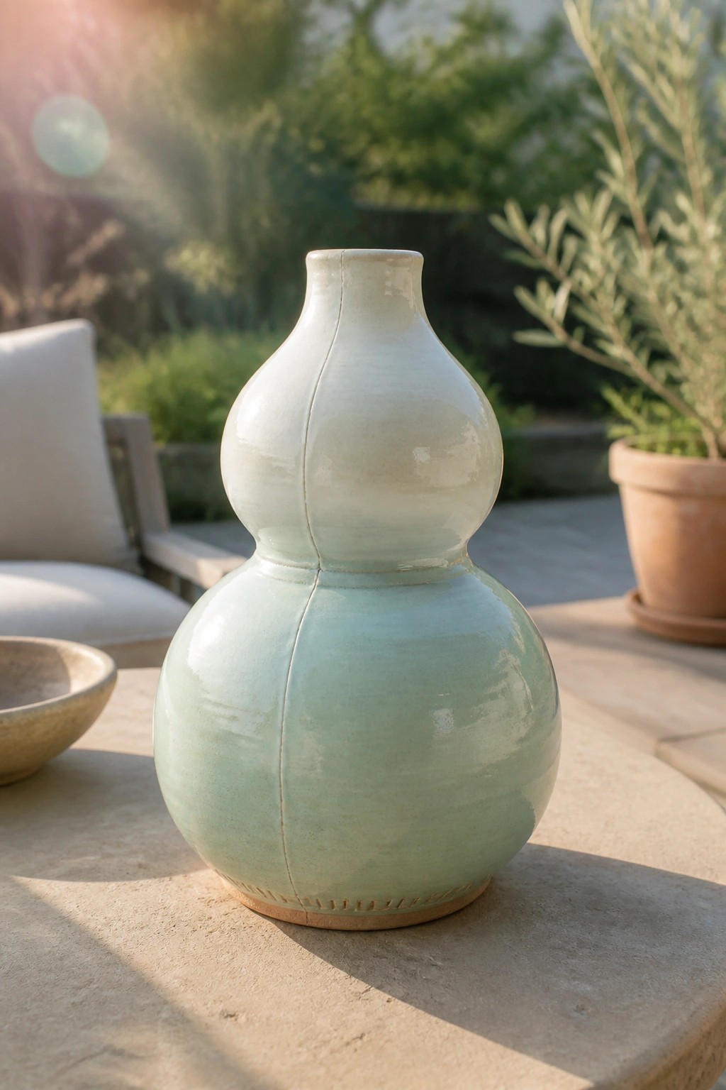 Light blue-green ceramic double-gourd vase on sunlit stone outdoor table