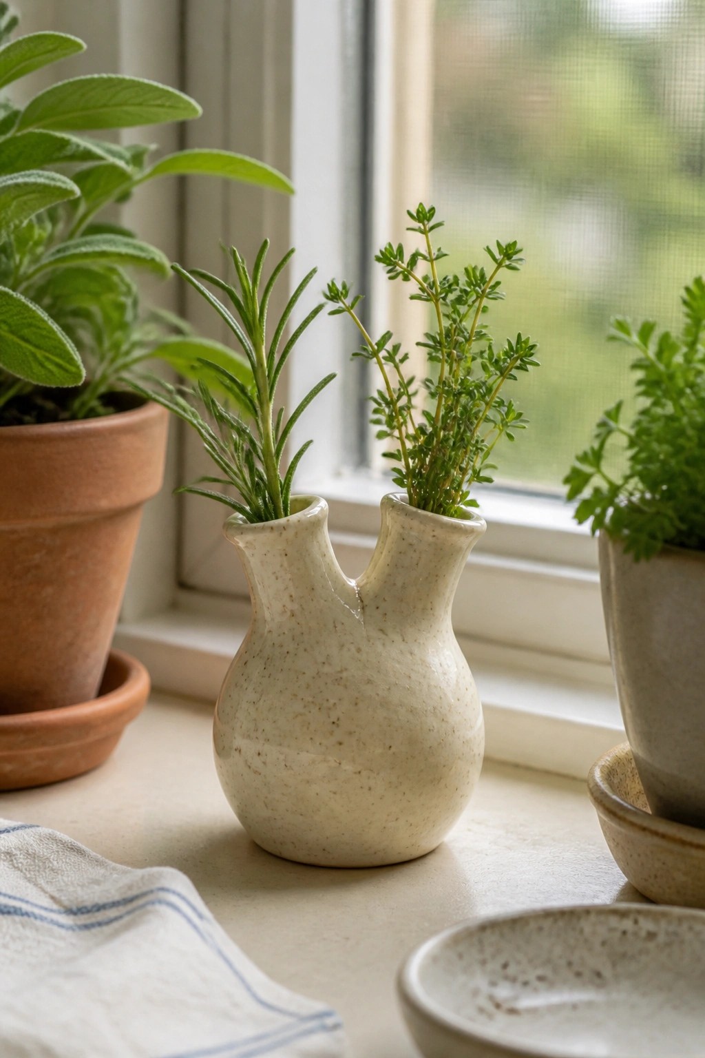 Double-spouted ceramic vase with sage and thyme on sunlit windowsill beside herb sign