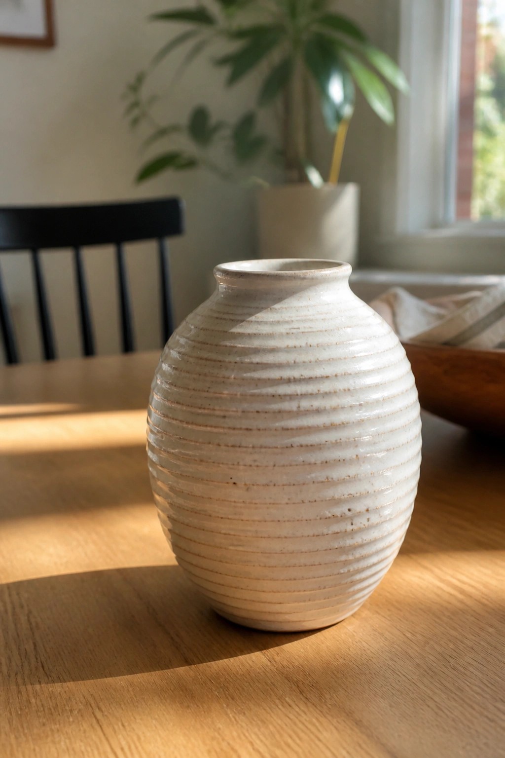 White ridged ceramic vase on sunlit wooden table with shadows