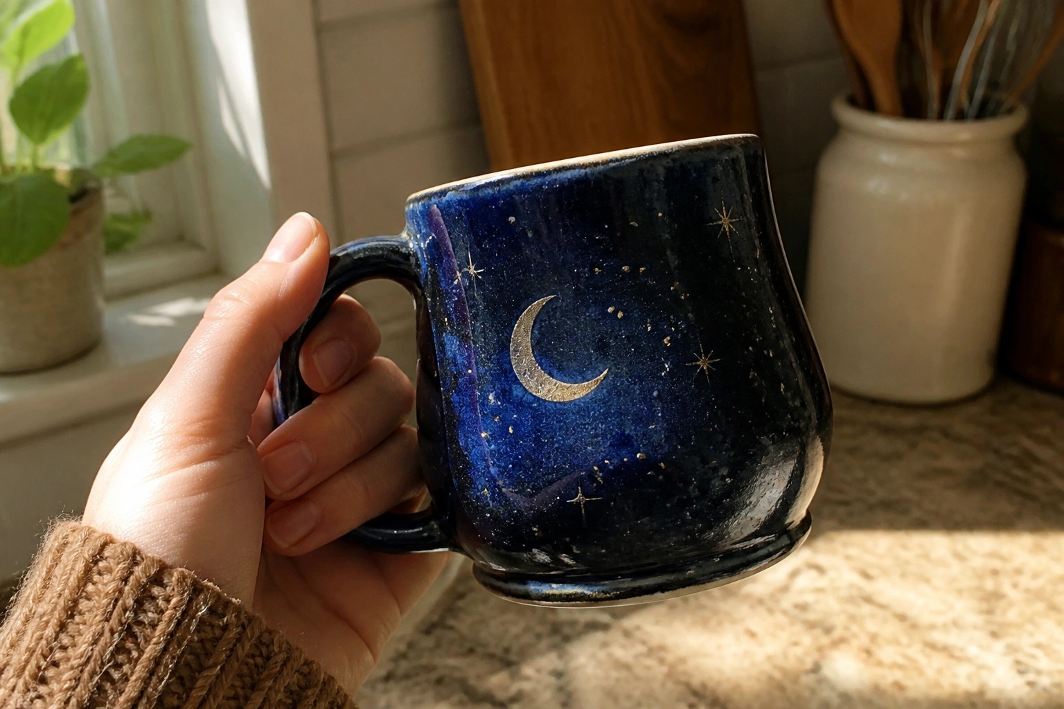 Hand in brown knit sweater holding blue mug with gold moon and stars