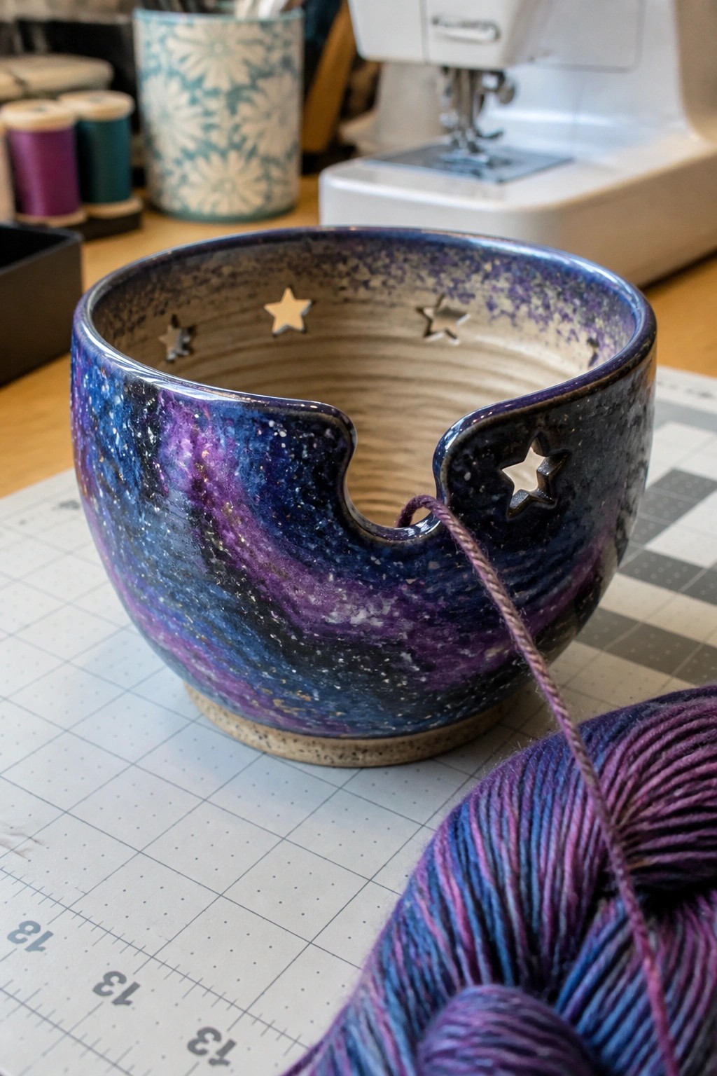 Galaxy-themed ceramic yarn bowl with star cutouts and purple yarn on mat