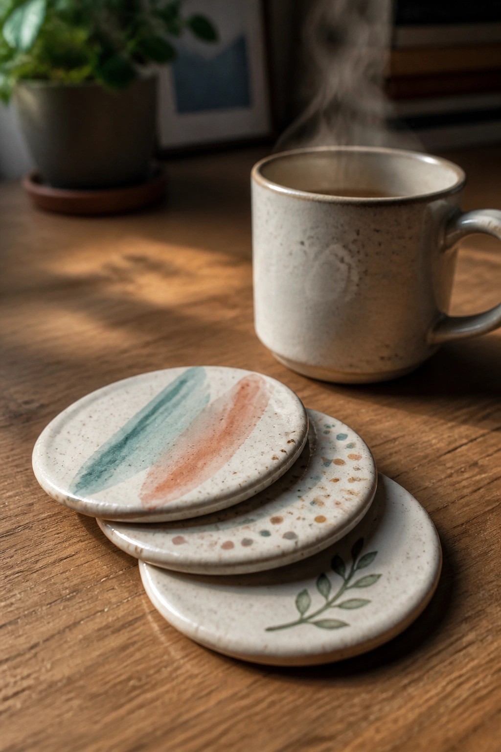 Steaming speckled mug beside three patterned ceramic coasters on wooden table