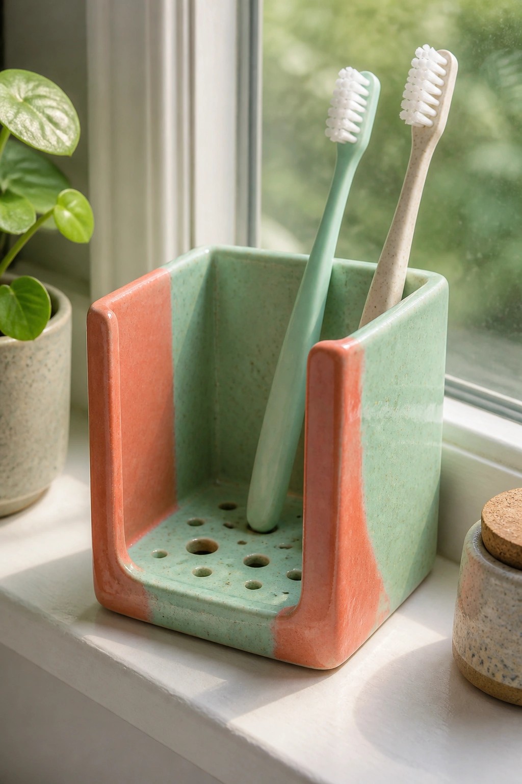 Two toothbrushes in a speckled coral and green ceramic holder on a windowsill