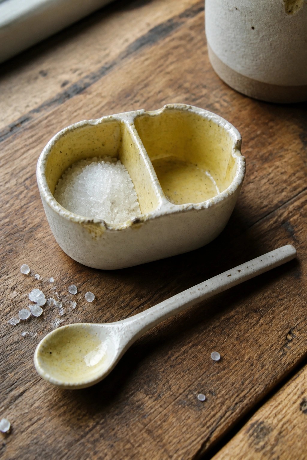 Ceramic divided dish with salt and yellow liquid beside spoon on wood