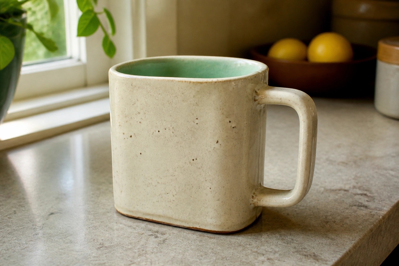 Speckled off-white ceramic mug with turquoise interior on marble countertop