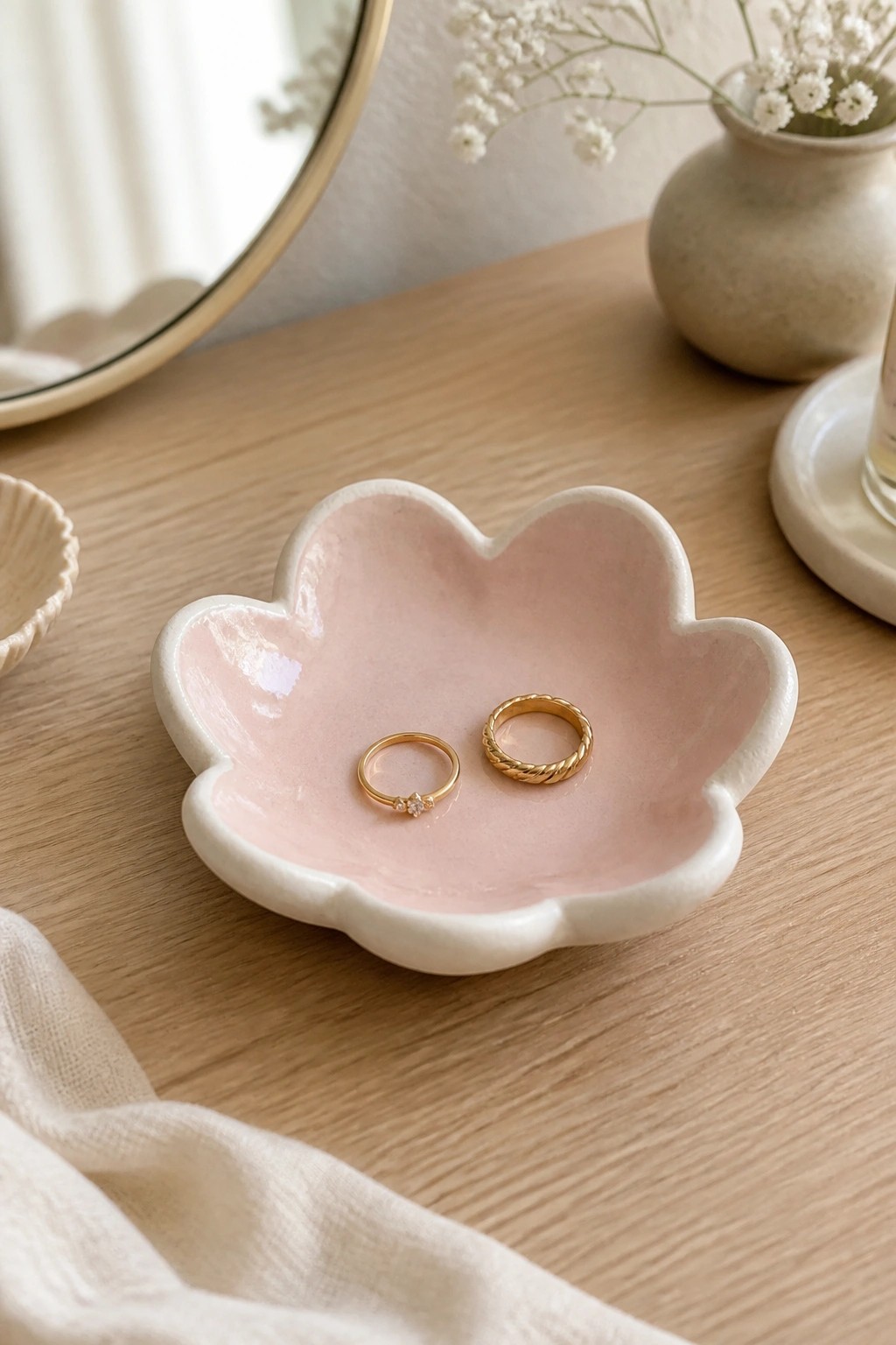 Two gold rings in a pink flower-shaped ceramic dish on a wooden table.