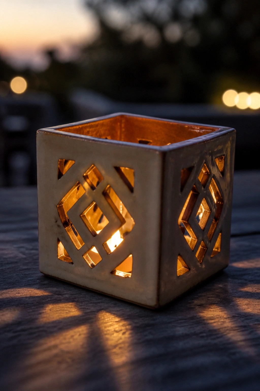 Glowing ceramic lantern with geometric cutouts on wooden table at dusk