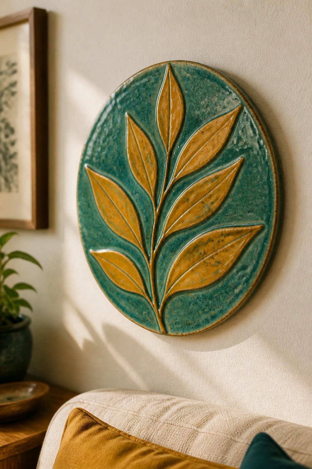 Teal and yellow ceramic leaf plate hanging on a sunlit wall above a couch.