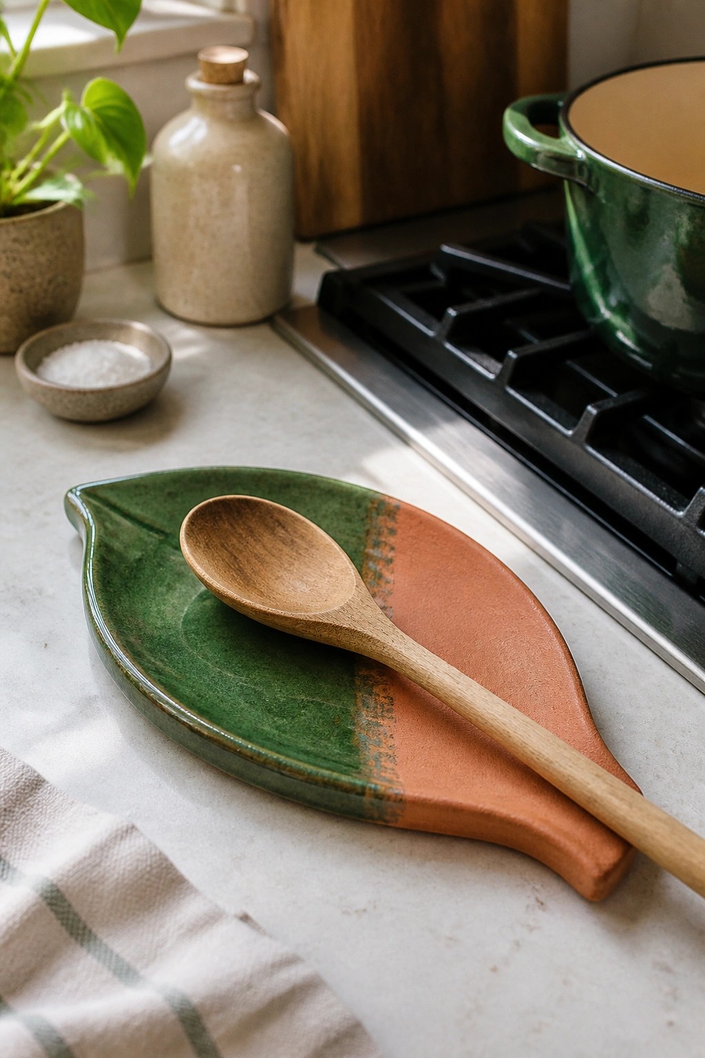 Wooden spoon on green and terracotta leaf-shaped ceramic dish on marble counter