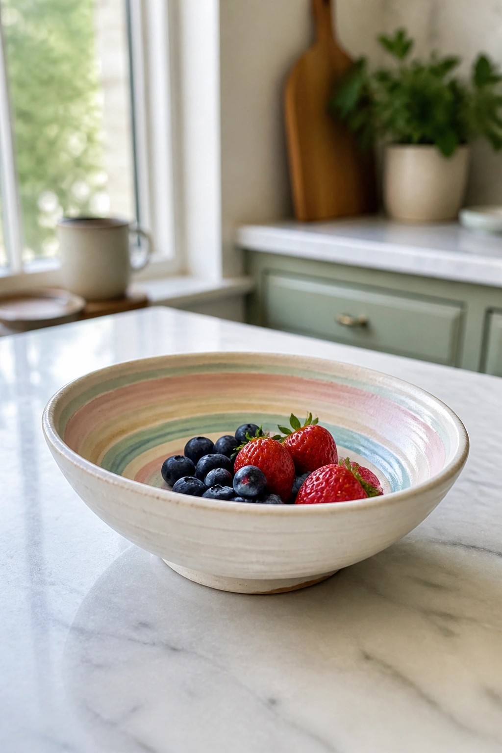 Pastel rainbow-striped bowl of strawberries and blueberries on marble countertop
