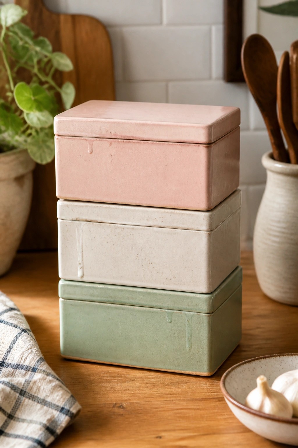 Stacked pastel pink, beige, and green ceramic boxes on wooden kitchen counter.