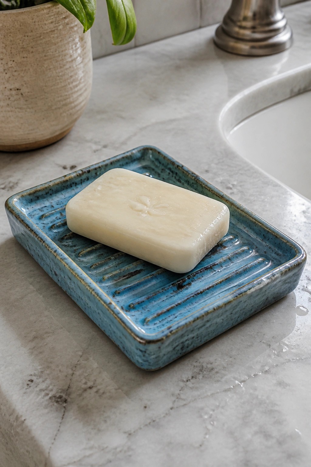Cream soap bar on blue ceramic dish atop marble bathroom countertop