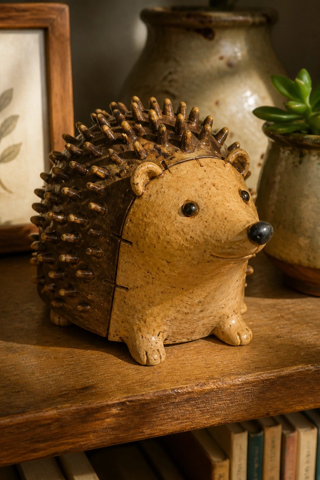 Ceramic hedgehog figurine with brown spikes on rustic wooden shelf