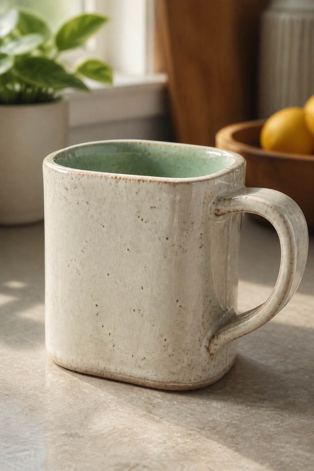 Speckled off-white ceramic mug with turquoise interior on marble countertop