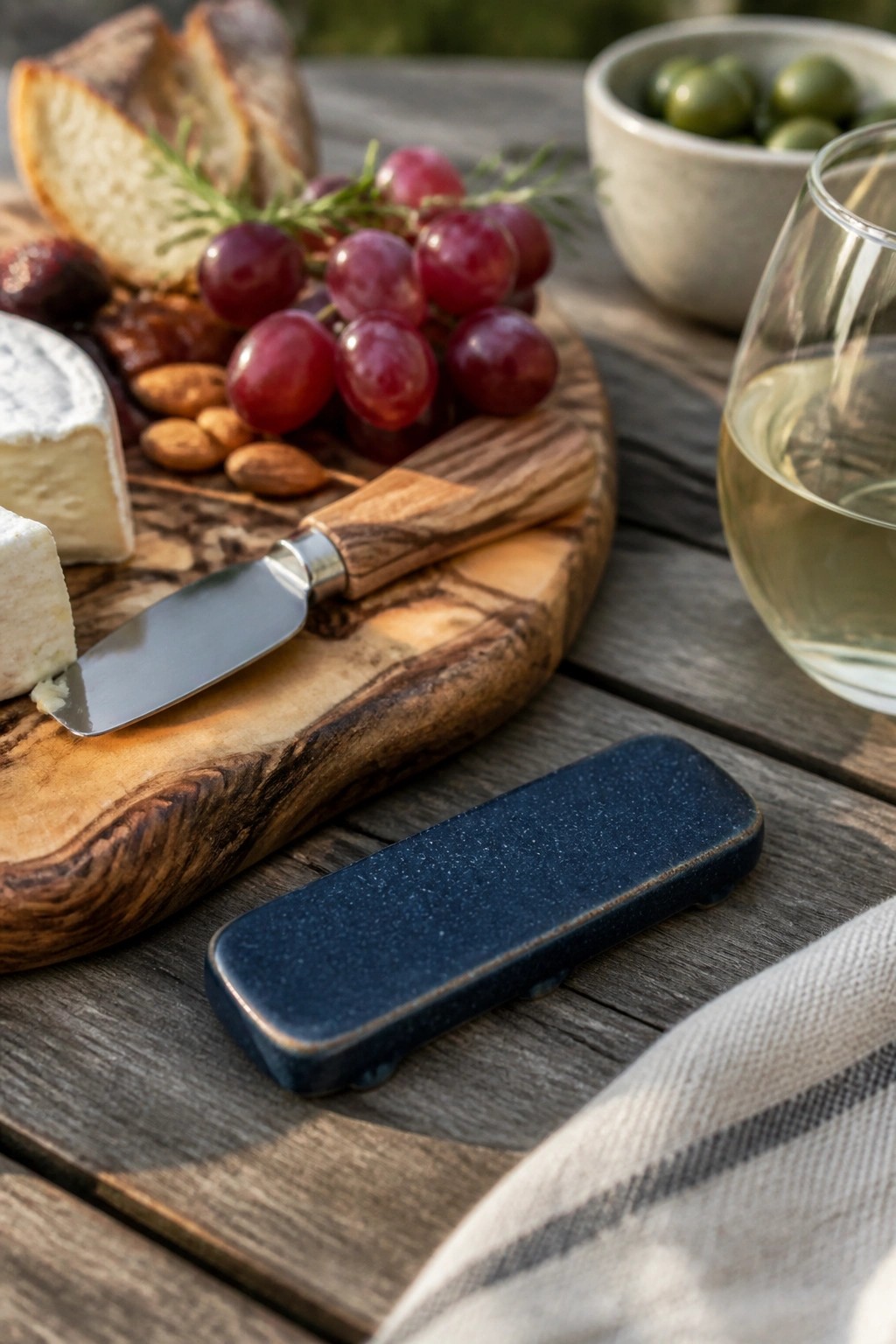 Rustic wooden table with cheese board, red grapes, almonds, knife, and white wine.
