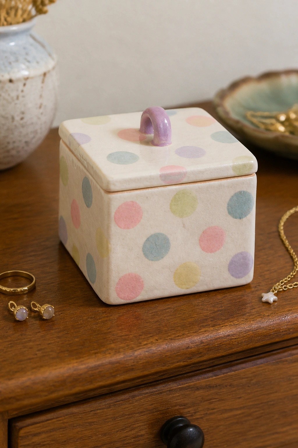 Pastel polka dot ceramic box with purple handle on wooden dresser beside jewelry