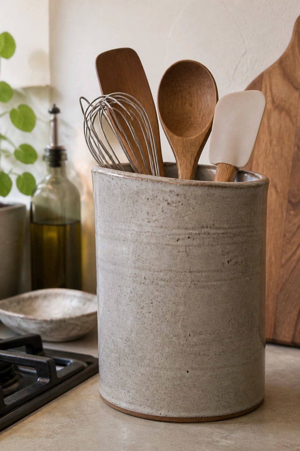 Textured ceramic crock holding whisk, wooden spoons, and spatula on kitchen counter