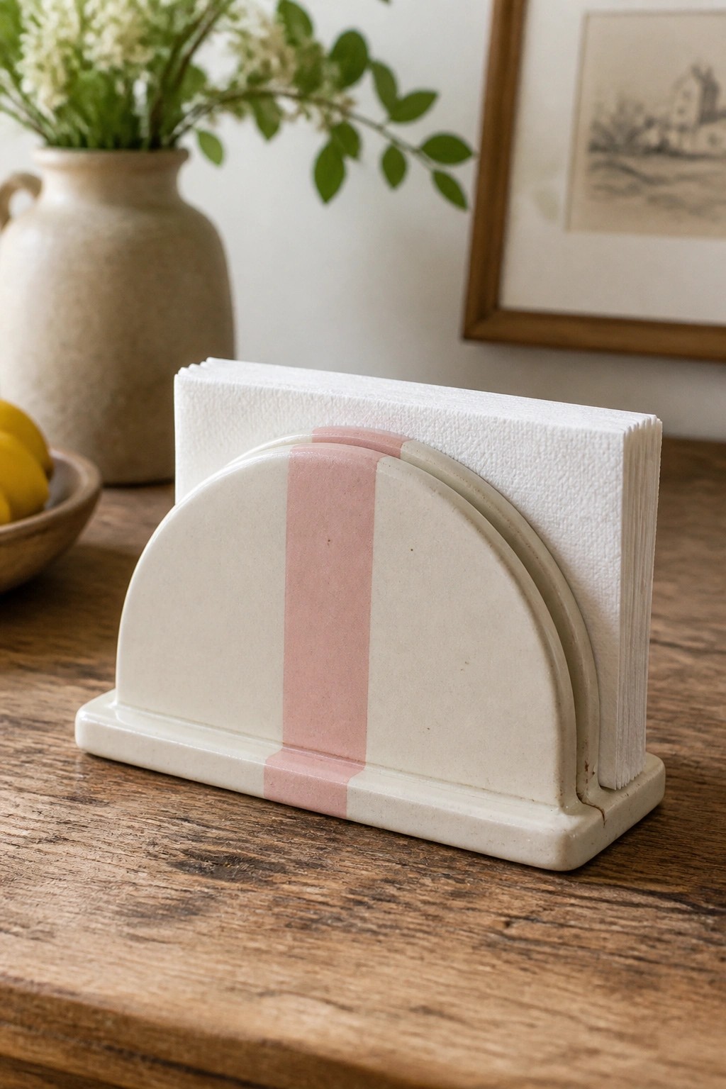 Cream ceramic napkin holder with pink stripe holding white napkins on wood table
