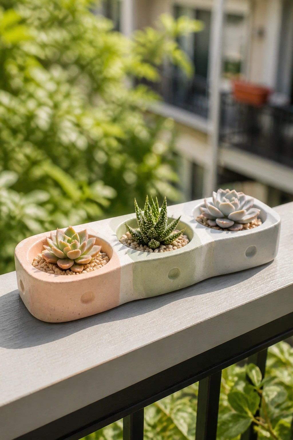 Three succulents in a pastel pink, green, and gray concrete planter on railing