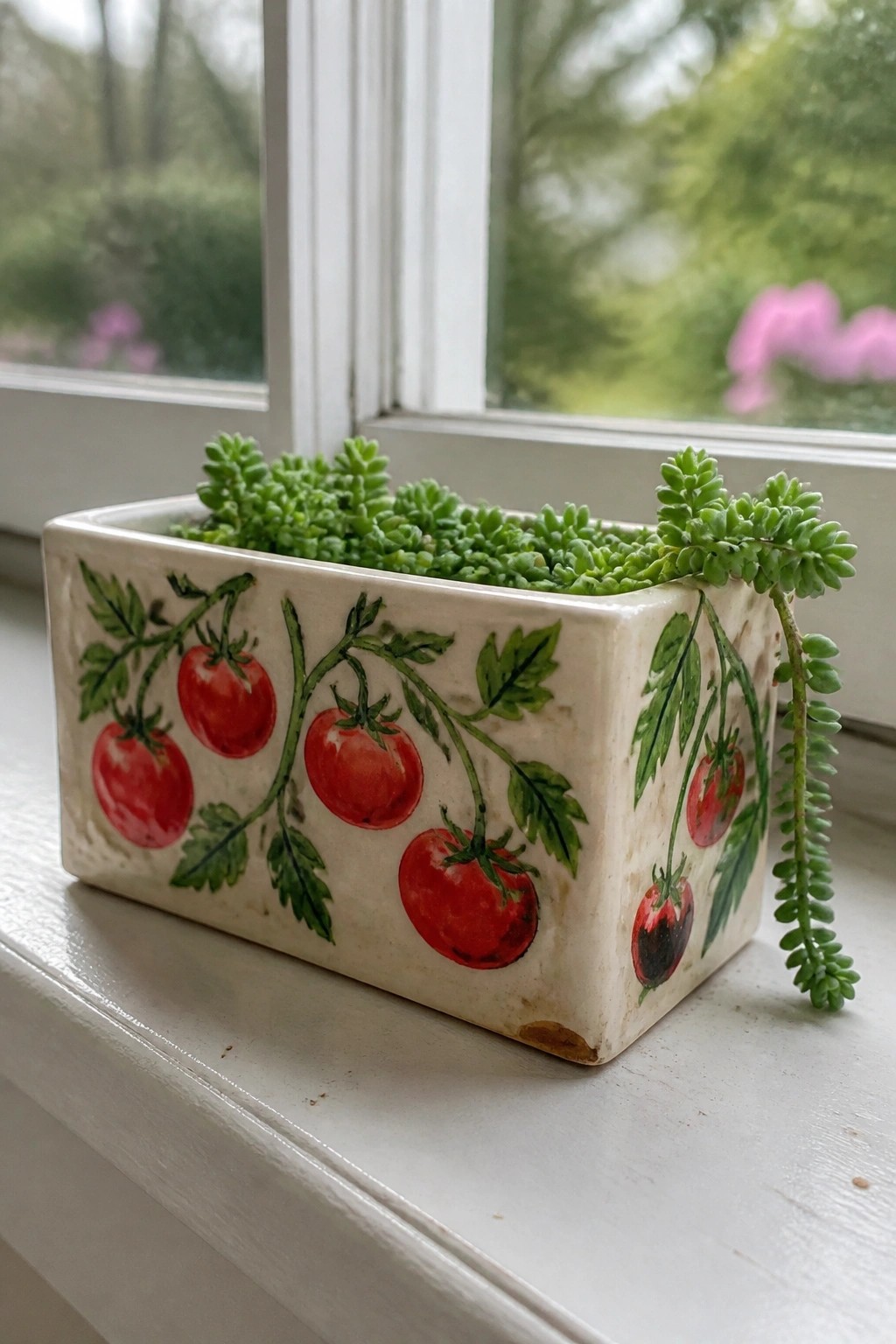 Rectangular white ceramic planter with red tomato designs holding trailing green succulent on windowsill
