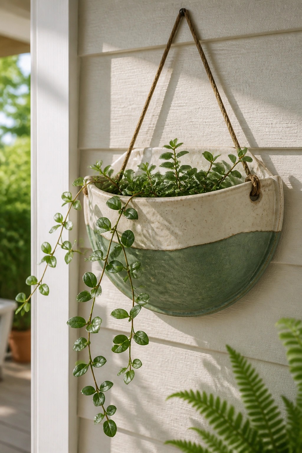 Hanging two-tone ceramic planter with trailing green vines on white wooden wall