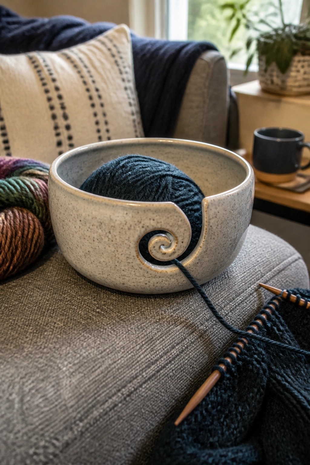 Ceramic yarn bowl with spiral cutout holding dark teal yarn and knitting.