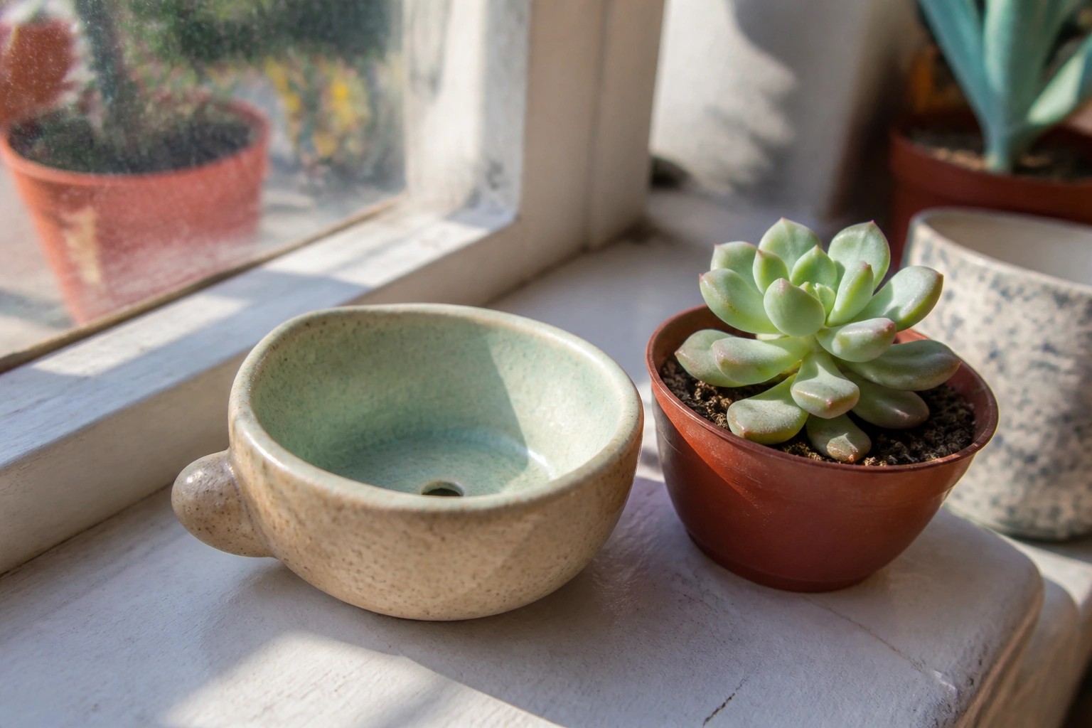 Beige ceramic bowl with green glaze beside potted succulent on sunny windowsill