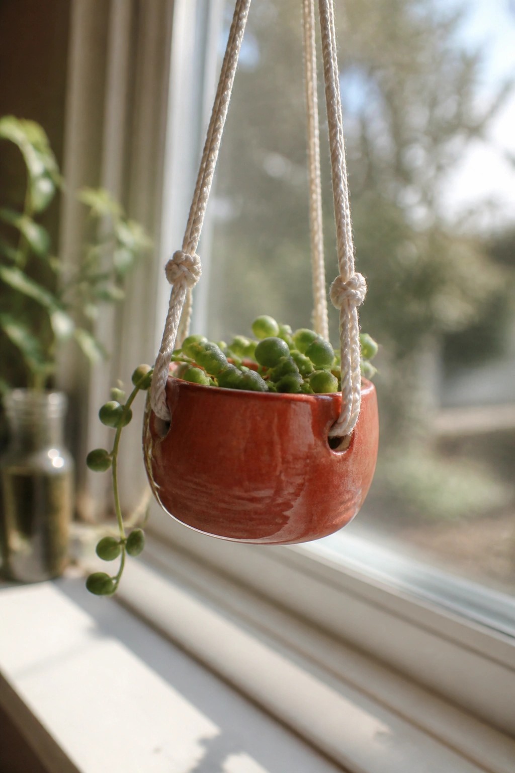 Red ceramic hanging pot with trailing green succulent by sunny window