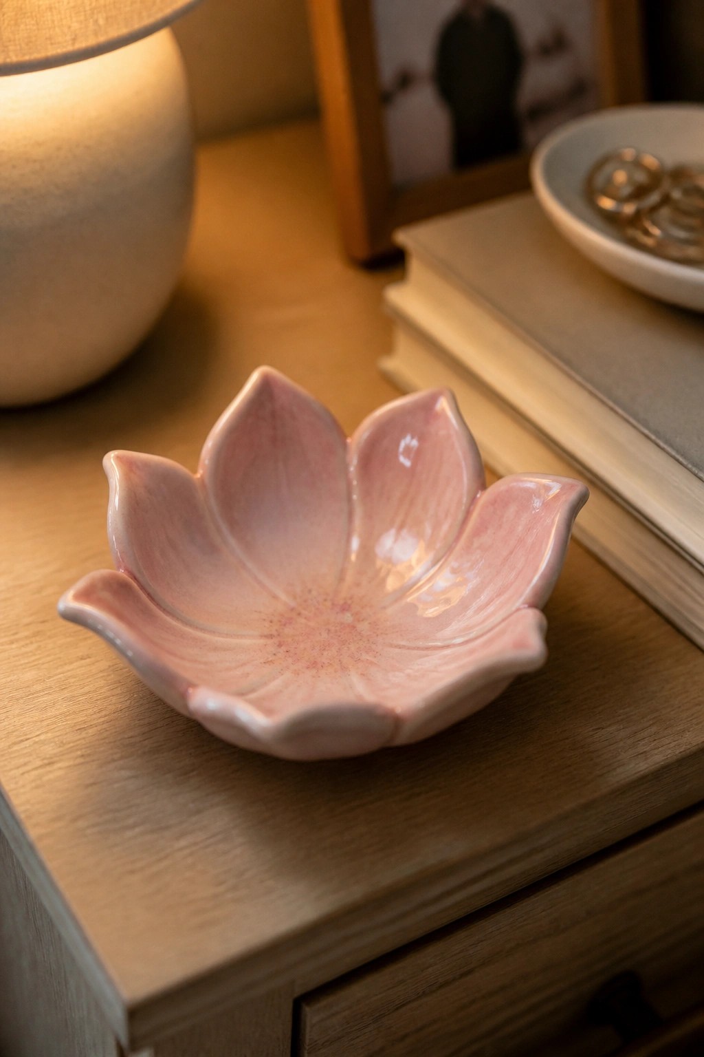 Pink lotus-shaped ceramic bowl on wooden nightstand near lamp and books