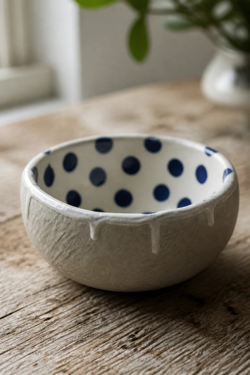 Speckled ceramic bowl with blue polka dots inside and dripping white glaze on wood.