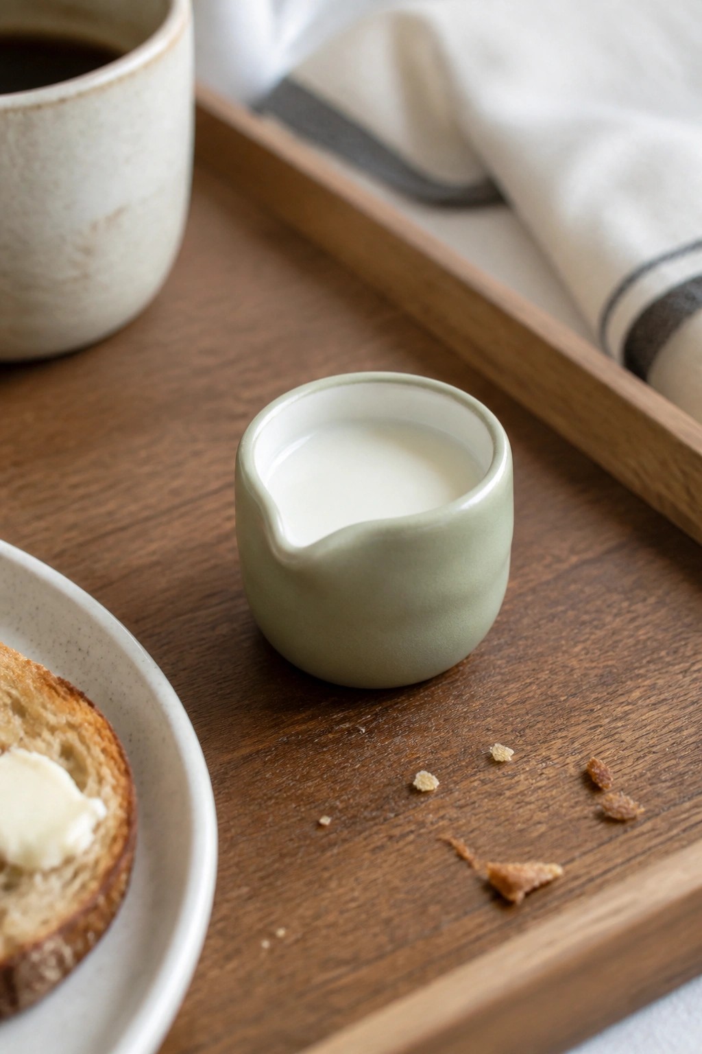 Sage green creamer with milk on wooden tray beside coffee mug and toast