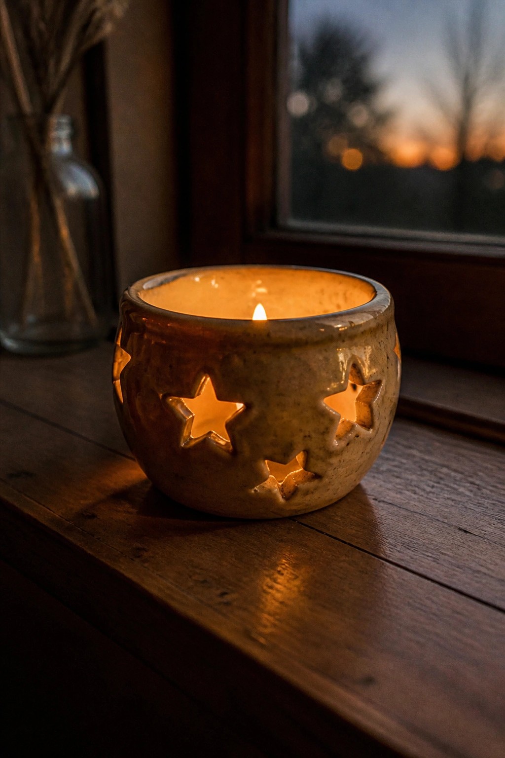 Lit candle glows through star cutouts in ceramic holder on wooden windowsill at dusk.