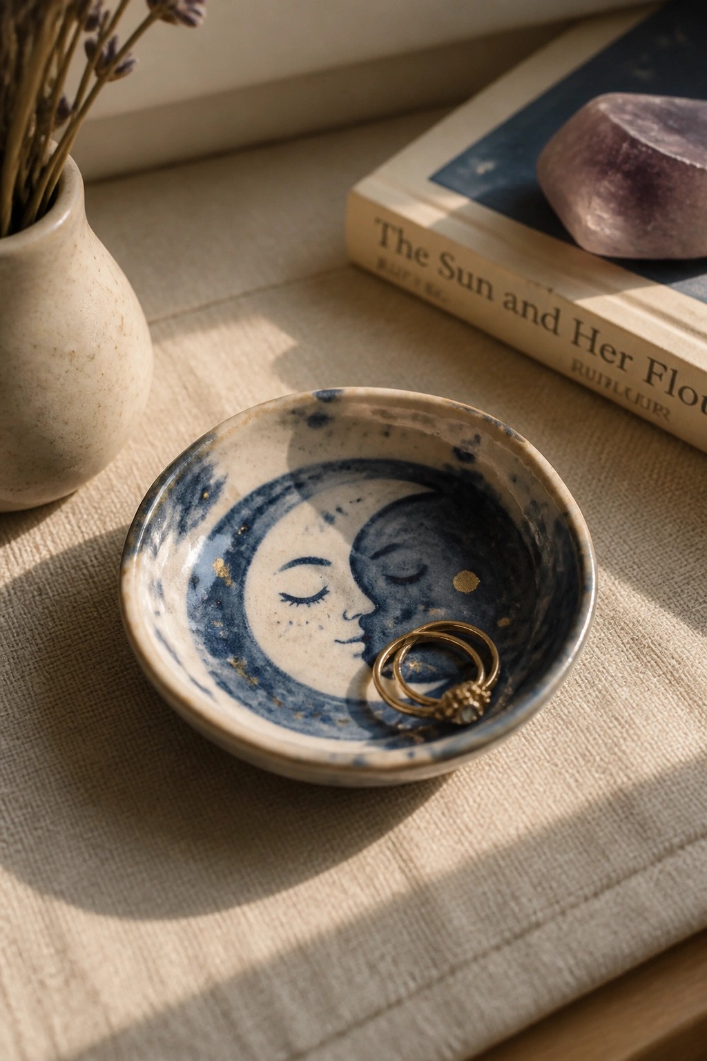 Blue ceramic moon bowl holding gold rings on linen near book and crystal